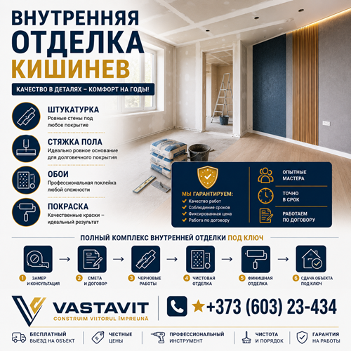 Внутренняя отделка Кишинев — штукатурка, стяжка, обои, покраска